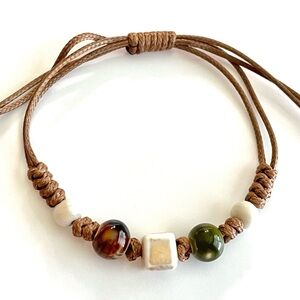 Ivory Bracelet beaded macrame green  brown bohemian tan cord ceramic